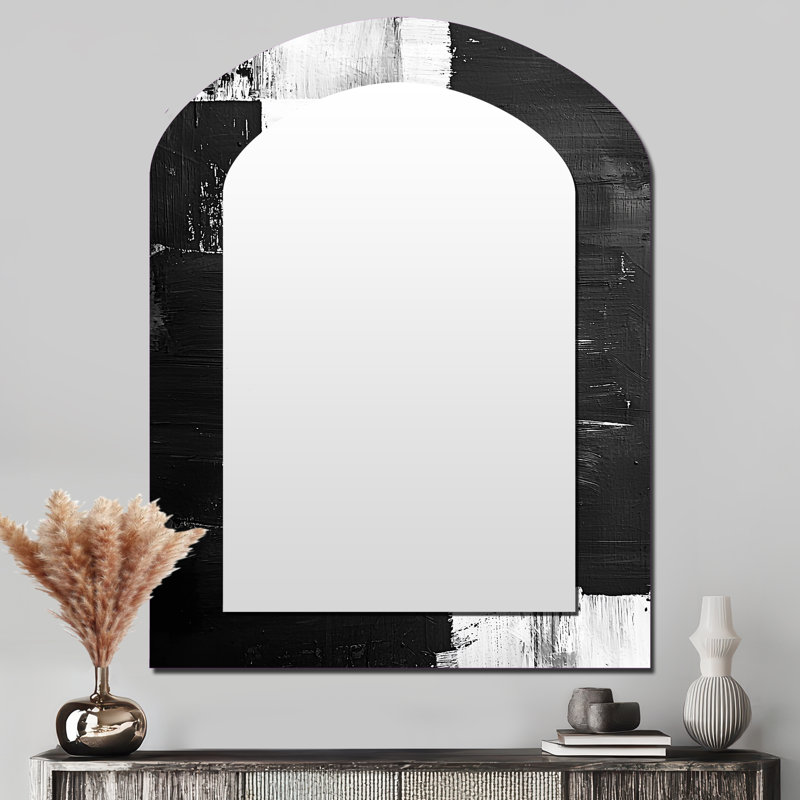 Monochromatic Drift Of Shadows Into The Dark I - Transitional Asymmetrical Decorative Wall Mirror, Modern Arch Mirror, Printed Metal Art