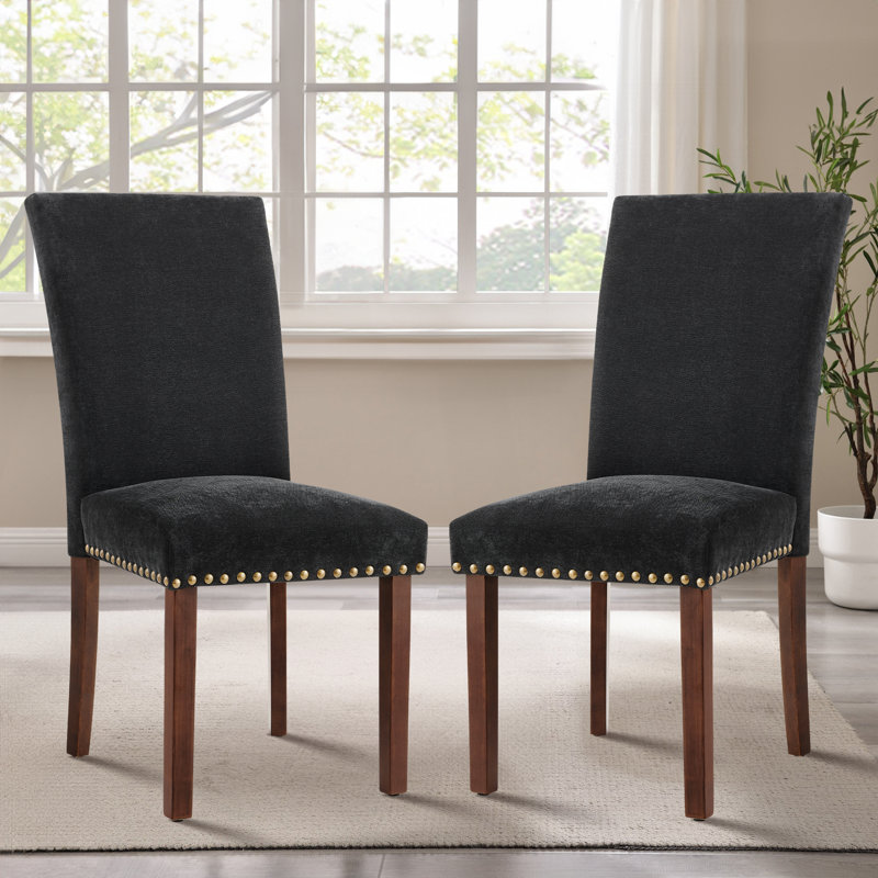 Upholstered Dining Side Chair with High Back and Nailhead Trim, Solid Wood Legs, Modern Parsons for Dining Room, Black