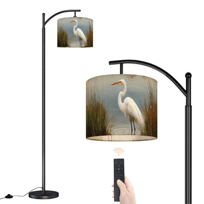 Lampe sur pied à arc avec abat-jour réglable Héron côtier, oiseau de mer, bleu, mer, paysage marin, plage, sur pied, bord de mer, 3 couleurs, intensité variable, grand mât avec interrupteur au pied pour la chambre à coucher