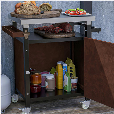 Chariot de barbecue extérieur avec table en acier inoxydable, espace de rangement, îlot de cuisine extérieur mobile sur roulettes, crochets et supports à condiments, table de barbecue extérieure imperméable, chariot de service de barbecue portable avec roulettes