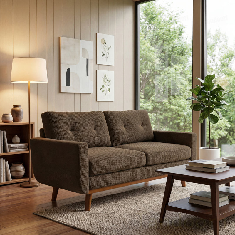 Canapé moderne à deux places, avec revêtement capitonné et pieds en bois massif, Linen-Brown
