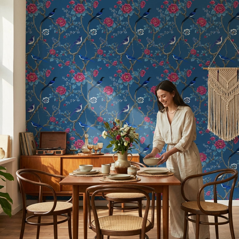 Papier peint floral avec oiseaux