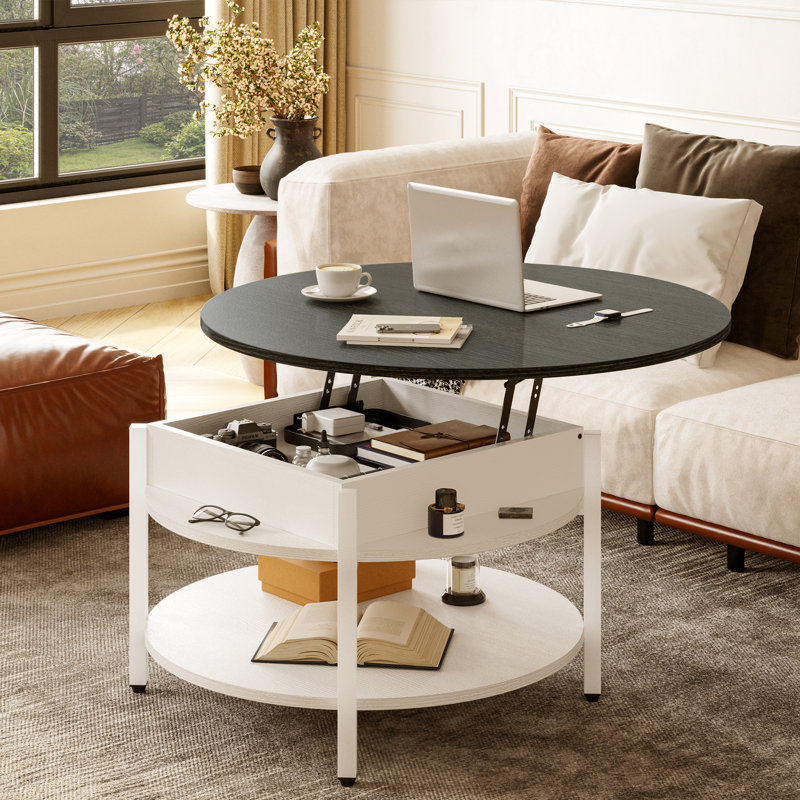  Table basse à plateau relevable en bois avec rangement Wynny, Gris foncé / Blanc, H 26,5 po x l 36 po x P 36 po
