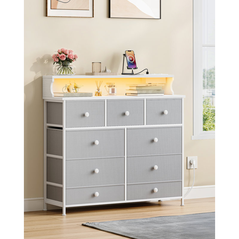 Chest of Drawers Bedroom, 9 Fabirc Chest of Drawers with 2 Sockets, 2 USB Ports and LED Strips, Bedroom Storage Drawers with Wood Top and Steel Frame for Bedroom Living Room