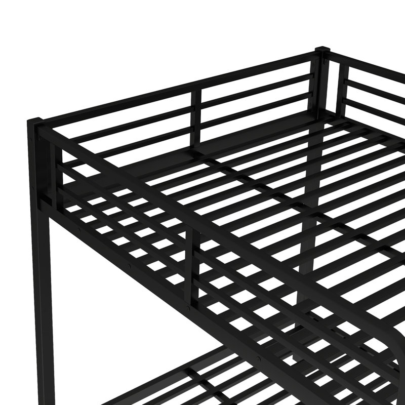 Lit superposé double au-dessus d'un lit double avec lit gigogne simple, structure robuste noire, rangement sous le lit et conception silencieuse
