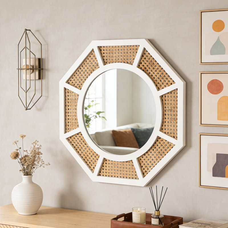 Rattan Wall Mirror Wood Frame Accent Mirror 60x60cm