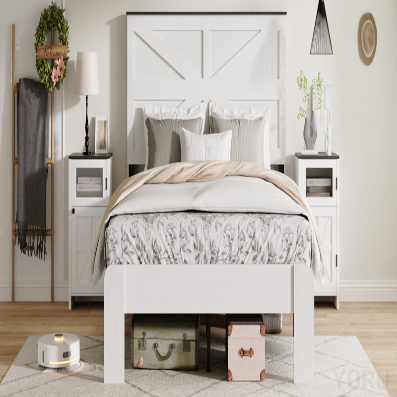 Tête de lit blanche avec cadre de grand lit, lit plateforme en bois, bruit, pas de sommier tapissier, assemblage facile, design industriel, look simple et moderne, espace de rangement avec style
