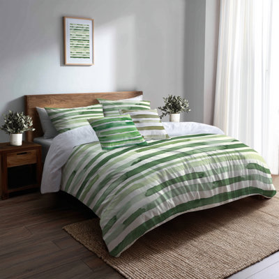 Country Farmhouse Bedding Set Of 5 - Striped Green And Beige Marsh Line Duvet Cover And Throw Pillow Set