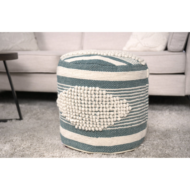 Pouf cylindrique blanc et bleu sarcelle fait à la main, en laine et en coton, 16 po x 16 po, capacité de 250 lb, nettoyage des taches, tissu de coton entièrement assemblé