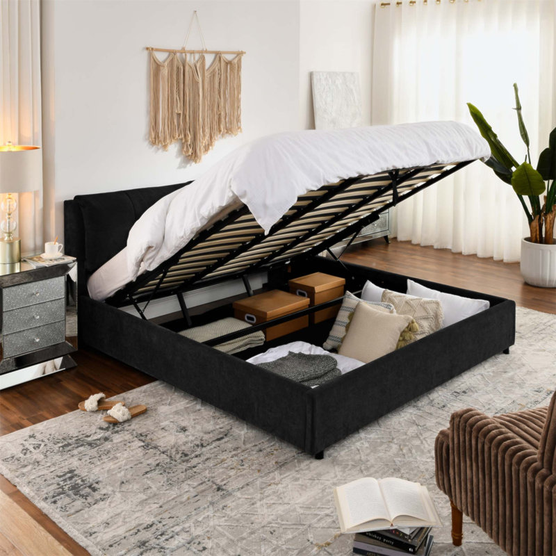 Lit plateforme tapissier hydraulique avec rangement avec tête de lit intégrée, tissu chenille, maximise l'espace et le confort