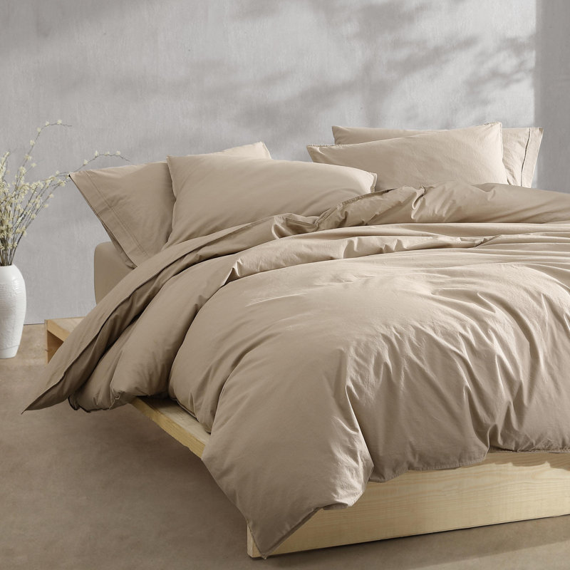 Calvin Klein Washed Percale Cotton Solid Comforter Set, King Comforter + 2 King Shams, Camel Brown