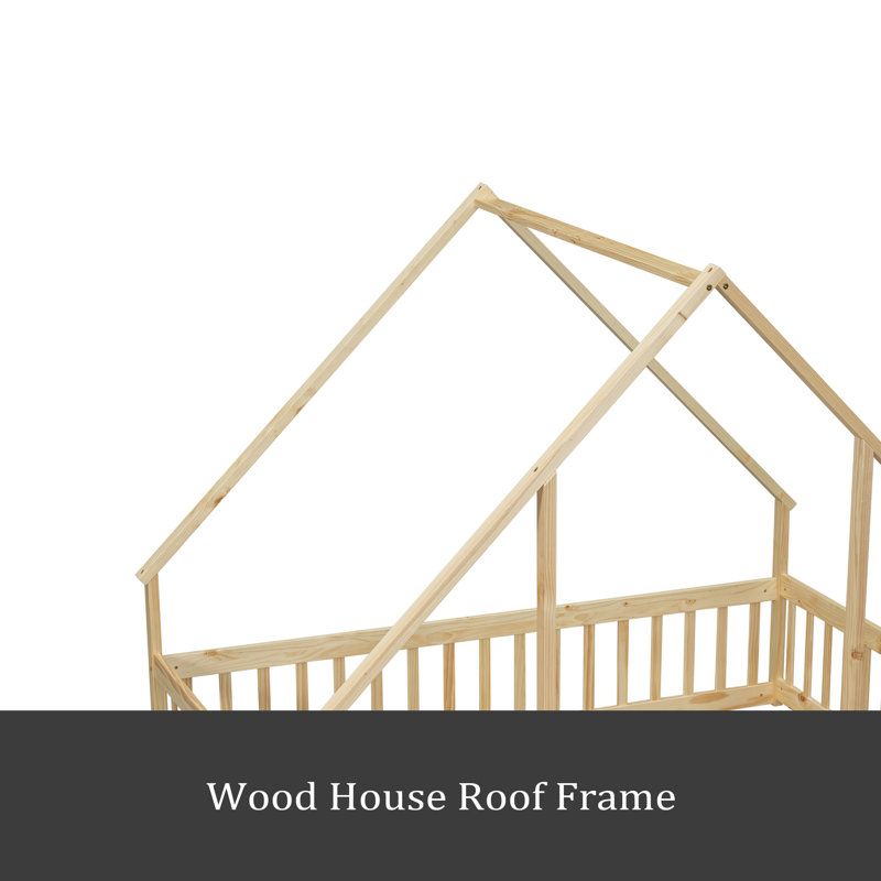 Wood House-Shaped Floor Bed With Fence, Guardrails, Natural, Full