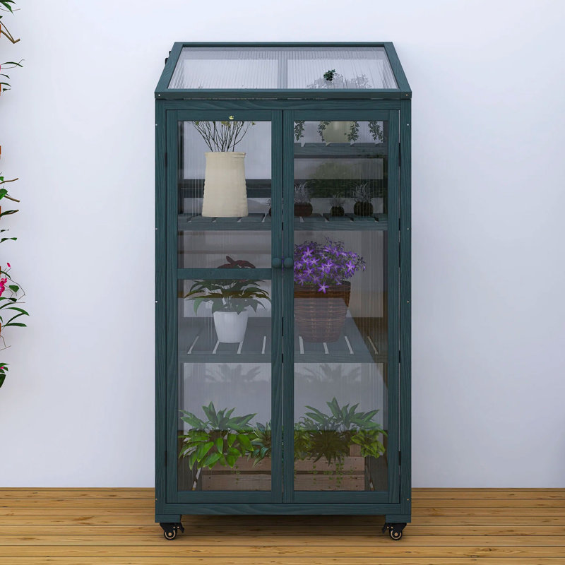 62 In. Wood Portable Greenhouse With Wheels And Adjustable Shelves, Forest Green