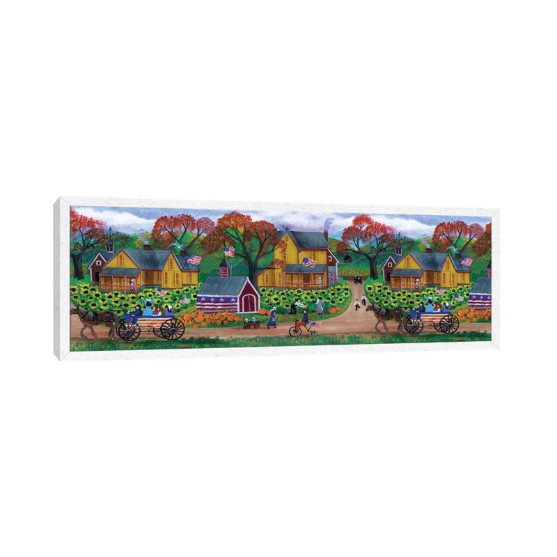 American Primitive Sunflower Pumpkin Farm Border by Cheryl Bartley - Panoramic Painting on Canvas, White Framed