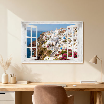 Landscape & Nature White Window Frame Santorini View Blue Dome Houses Sea Coast Flowers