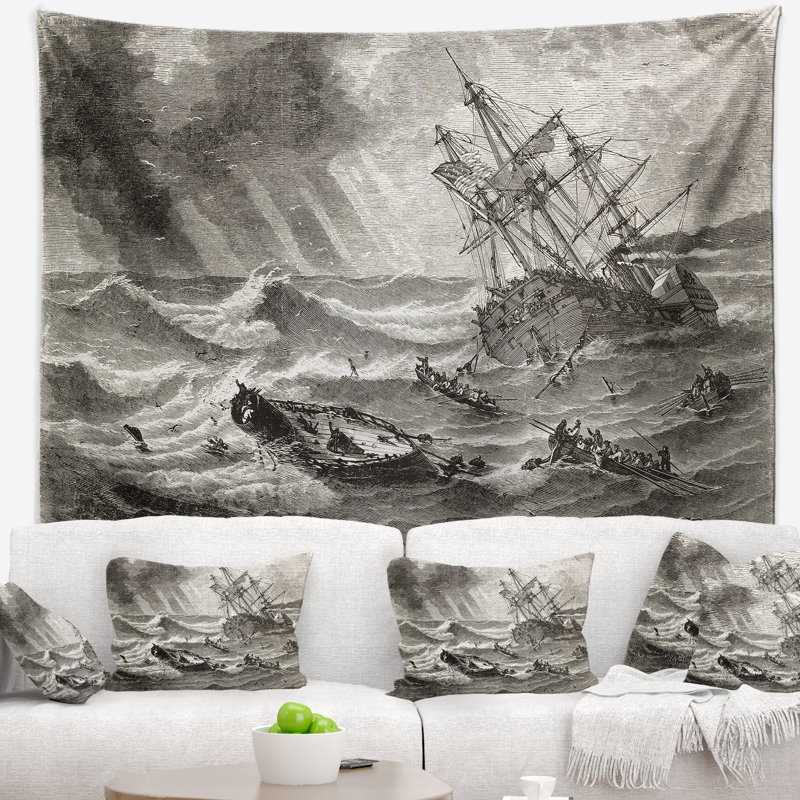 Tapisserie d'épave de navire vintage seascape, H 50 po x l 60 po