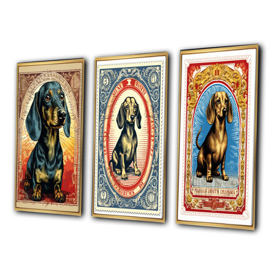 "Illustration rétro du teckel mignon VI", 3 pièces sur toile