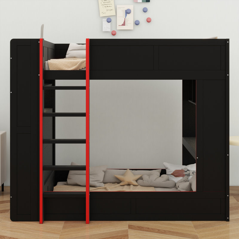 Lit superposé en bois à thème de jeu avec bureau, tablettes de rangement, éclairage DEL et station de charge