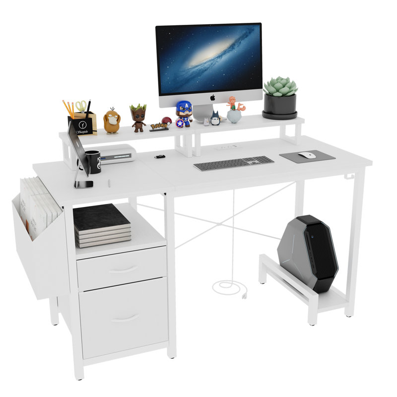 47"Office Desk With Power Outlet,2 Monitor Stands,2 Drawers,Side Pocket,Easy To Assemble,Frame Stability Reversible,Use For Home Desk, Computer Desk, Game Table,White