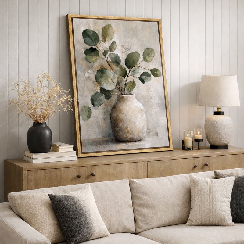 «Green Eucalyptus Branches», œuvre d'art encadrée sur toile, 36" H x 24" W x 1.5" D, Natural Frame
