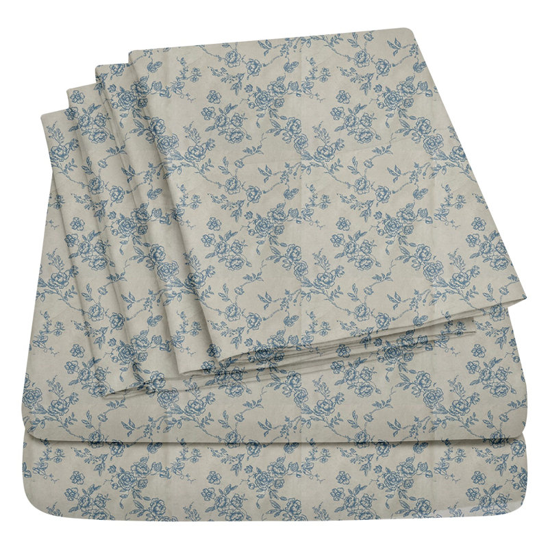 6Piece Microfiber Bed Sheets  Soft, WrinkleFree, Deep Pocket Fit, Blue/Beige Floral, Queen Sheet Set with 4 Pillowcases