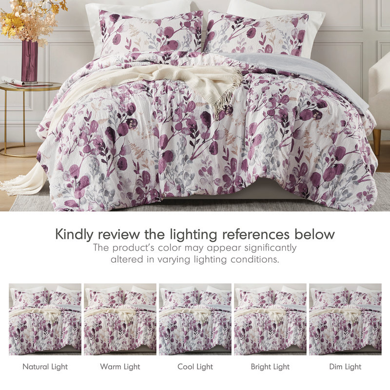Ensemble d'édredon réversible floral Gabby Gabby, Édredon double / grand + 2 taies décoratives sta, Prune