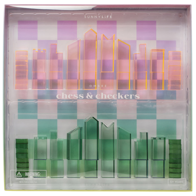 Sunnylife: Lucite Chess & Checkers - Ombre Sherbert - 2 Classic Games In 1, Collectible Display Set, Stylish Translucent Pieces, Pastel Base, 2 Player
