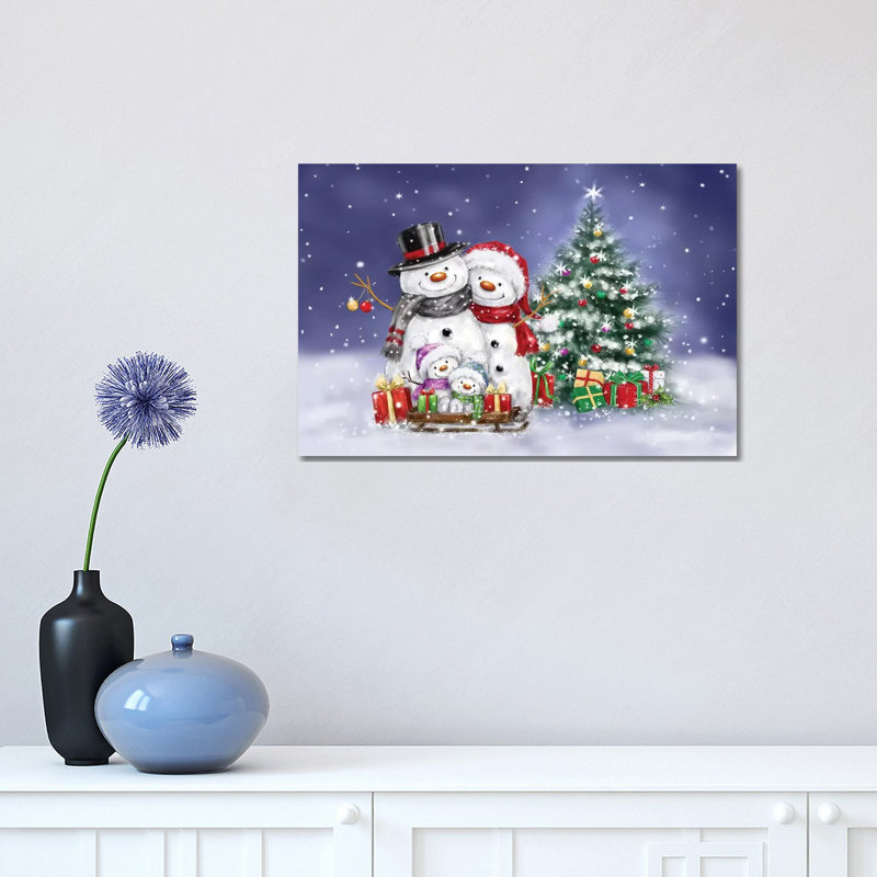 «Snowman Family and Tree» par Makiko - reproduction d'art sur toile tendue, H 12 po x l 18 po x 1,5 po