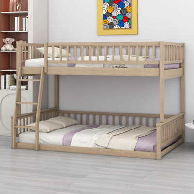 Full XL Over Queen Bunk Bed With Ladder A, Wood Bunk Bed With Safety Guardrails