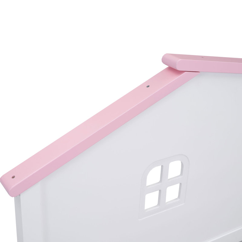 Twin Size Wood Platform Bed With House-Shaped Headboard, Blanc / Rose, Lit double