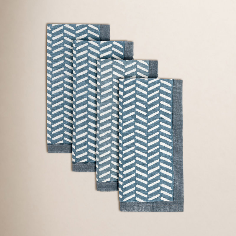 over&back Hand-Blocked Napkins, Set of 4, Blue Herringbone
