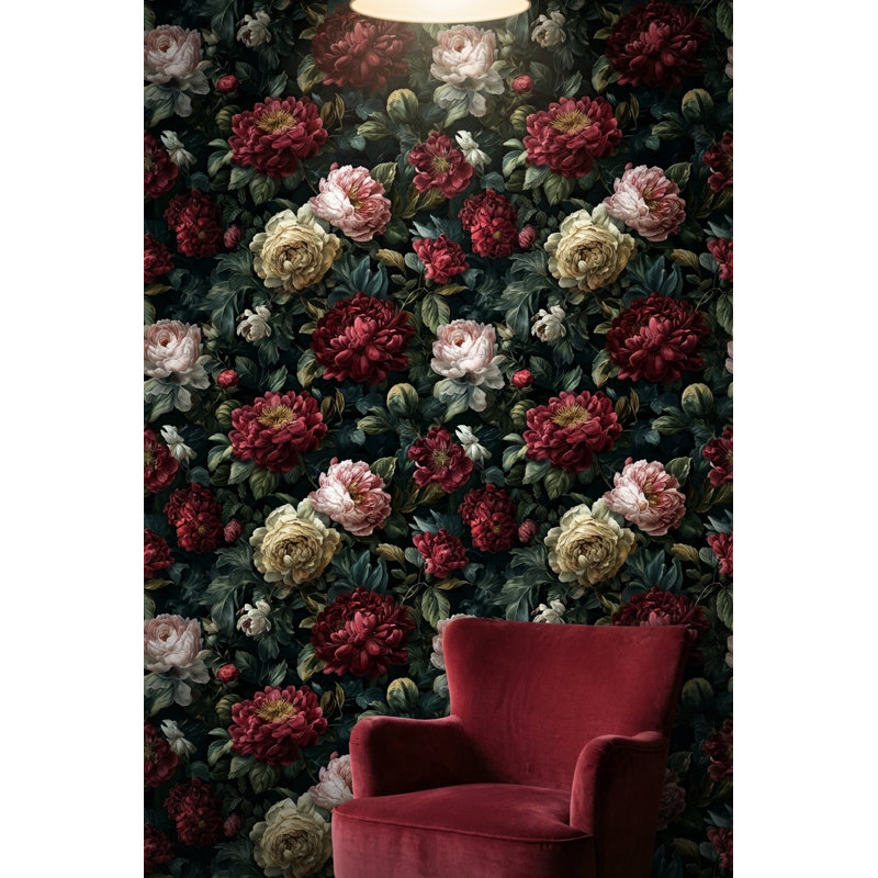 Papier peint floral, élégante murale rétro