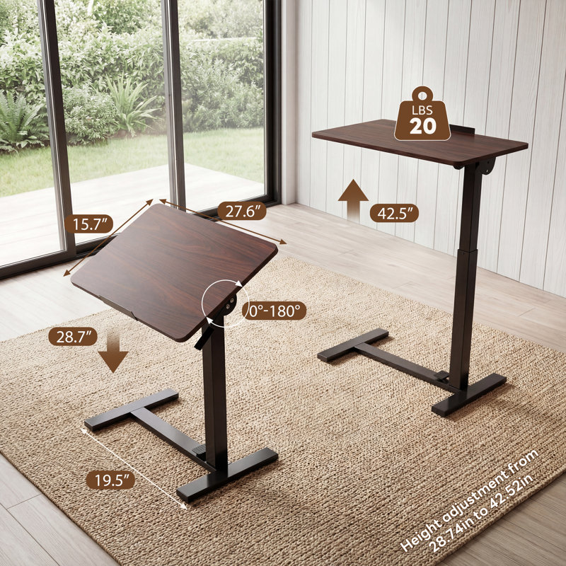 Height Adjustable C-shaped Flipping Portable Sofa Side Table, Brown