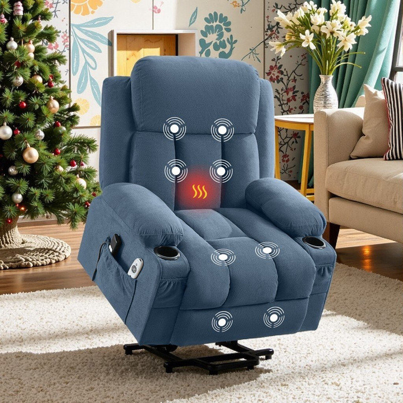 Power Lift Recliner Chair with Electric Heat, Vibration Massage Remote Control, USB Port and Storage Pockets, Blue