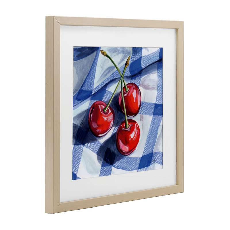 Trois cerises de pique-nique sur vichy, reproduction encadrée sous verre, design par Kate Jarvik Birch, H 13 po x l 13 po