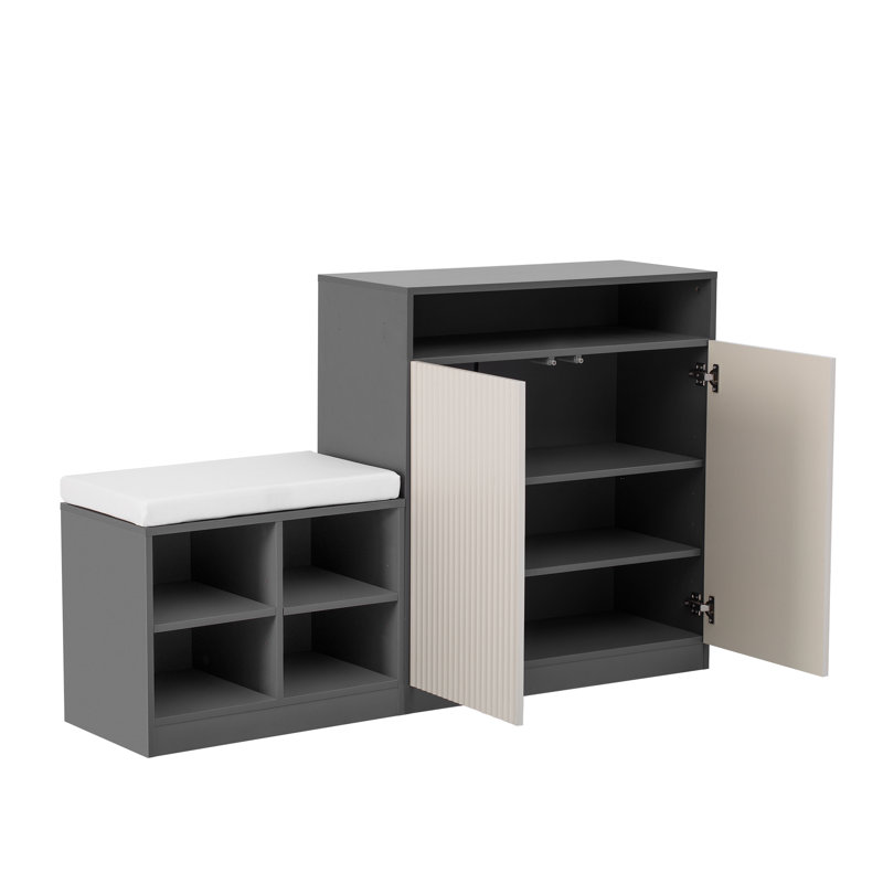 Armoire de rangement 2 portes avec banc à chaussures et tablettes réglables Bayliy, Beige/Grey