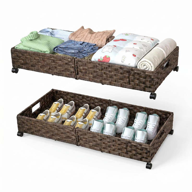 Under Bed Storage with Wheels, Large Under Bed Storage Containers with Handwoven Rattan, Rolling Underbed Organizer Bins Drawers for Clothes, Shoes, Blankets, 2 Pack, (Brown)