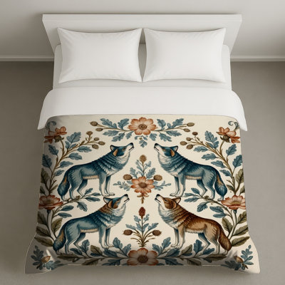 Wolves And Floral Motif Duvet Covers