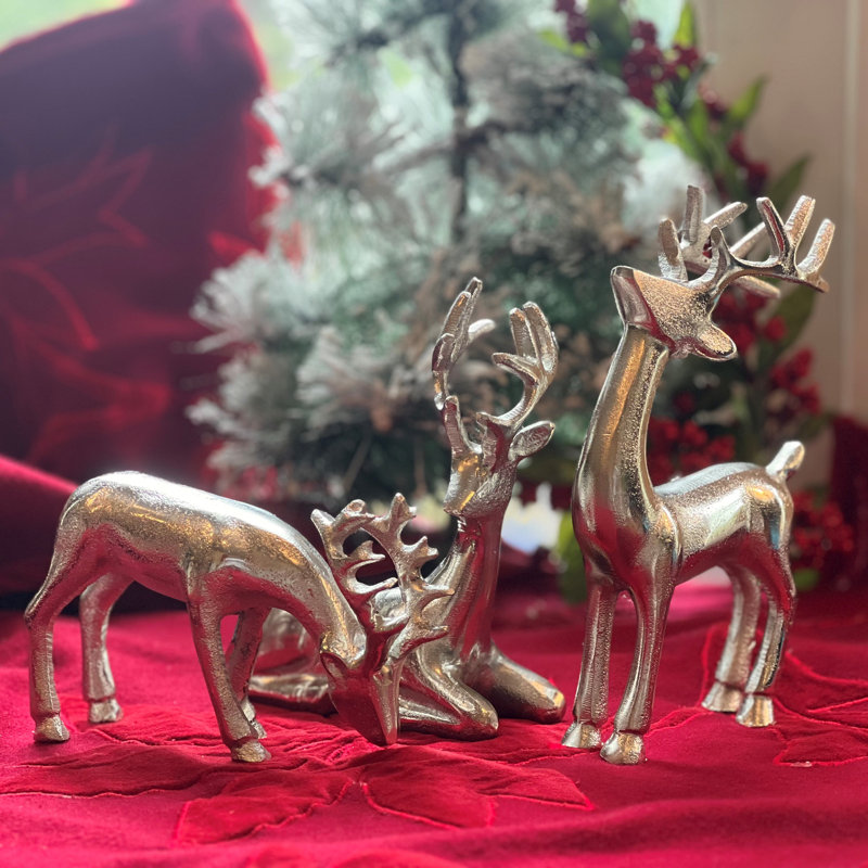 Figurines de renne rustique, ensemble de 3, fabriquées à la main, fonte d'aluminium, 8,75 pouces, Argent argent