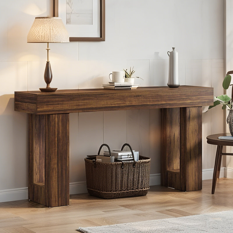 63-Inch Rustic Brown Wooden Console Table with Storage