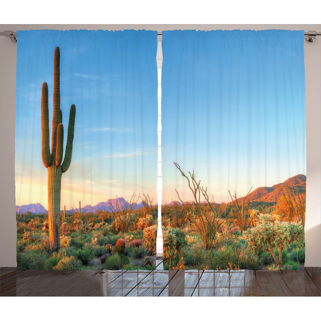 Rustikaler Vorhang, Sonne in der Wüste Kaktus, Saguaro, Orange Grün Blau