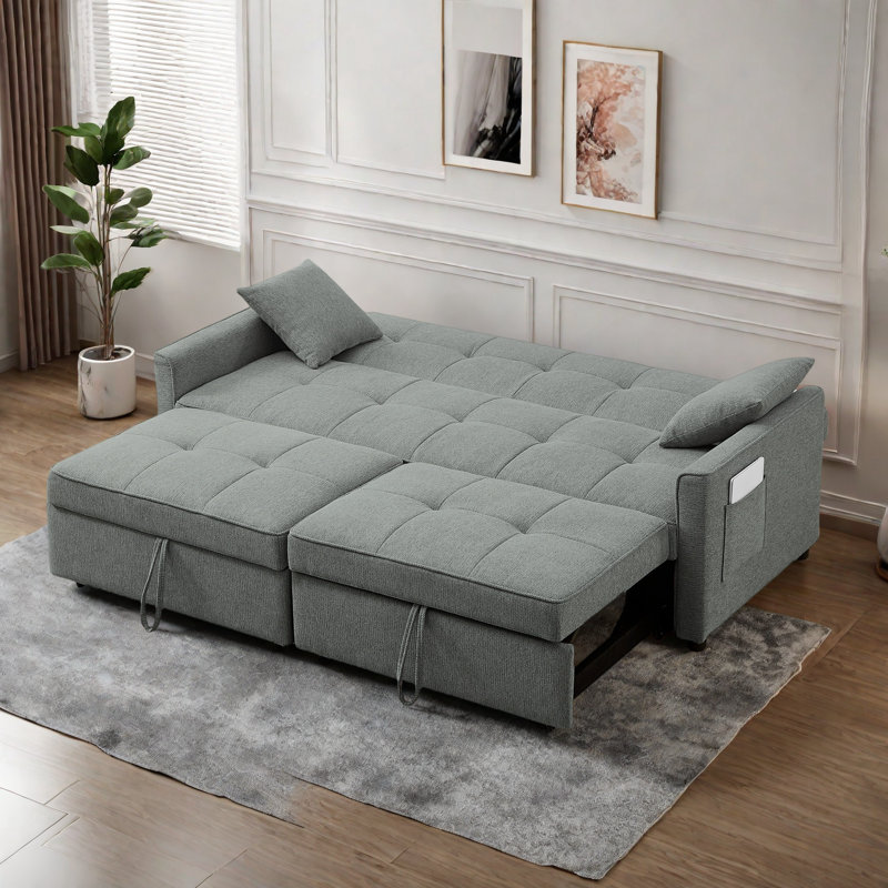 3 In 1 Convertible Sleeper Sofa Bed With Reclining Backrest, Pillows And Side Pockets, Gray