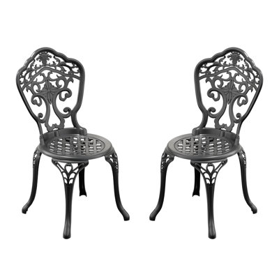 Sièges de patio en fonte d'aluminium 2 pièces, noir, motifs ornés, corrosion, base coulissante, chaises de salle à manger 2 pièces, structure noire, revêtement résistant aux intempéries, repose-pieds, siège confortable