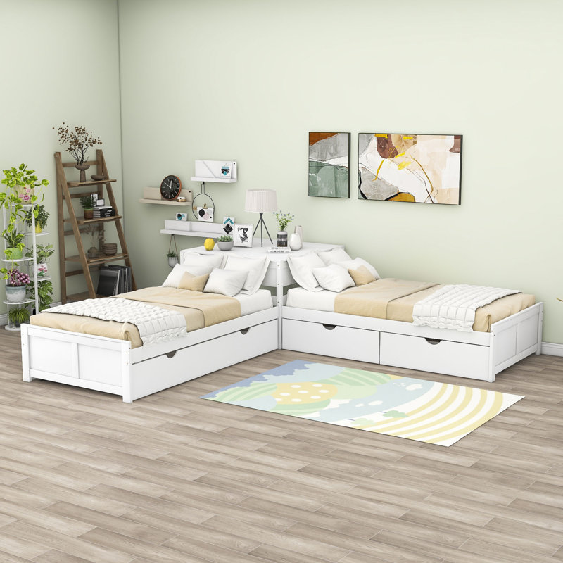 Twin Size 2 Drawers L-shaped Platform Beds with Trundle and Built-in Table, White