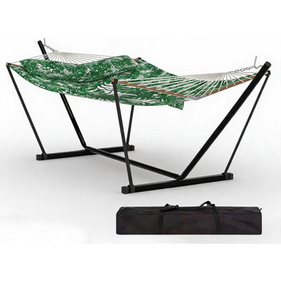 Oversized Quilted Hammock with Stand, 2 Person V-Shape Wooden Spreader Bar Hammock, Heavy Duty Steel Frame, 450 lbs Capacity for Patio Garden Backyard, Burgundy Brown Stripes ,Green