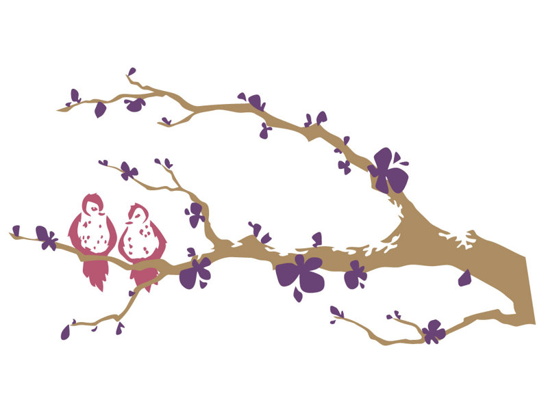 Décalcomanie murale branche arbre love oiseaux, H 31 po x l 60 po x P 0,01 po, Mauve / rose