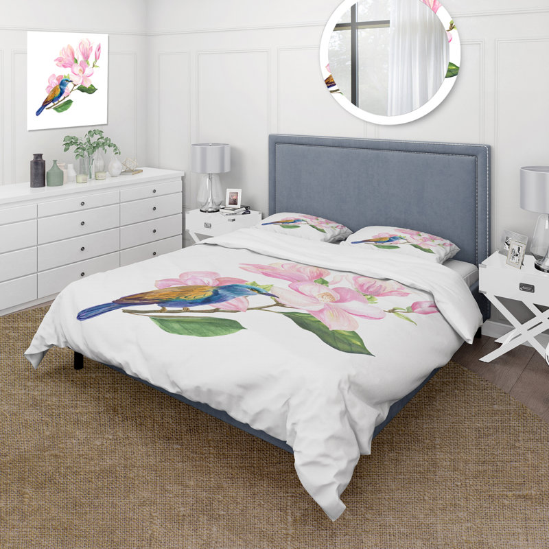 Oiseau bleu assis sur un brin rose de magnolia - ensemble de housse de couette traditionnel - microfibre de polyester