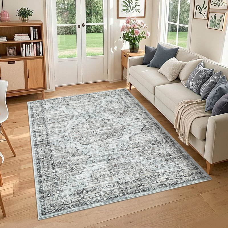 8x10 Rug Washable Vintage Distressed Oriental Large Rug Soft Bedroom Carpet Non-Slip Low Pile Living Room Large Rugs Retro Floral Floor Carpet for Farmhouse Home Decor Playroom, Blue Brown