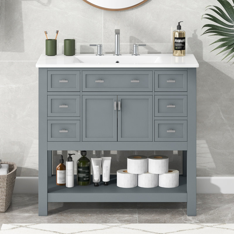 Meuble-lavabo moderne avec 2 portes et 6 tiroirs Roomfitter 36 po avec lavabo, gris