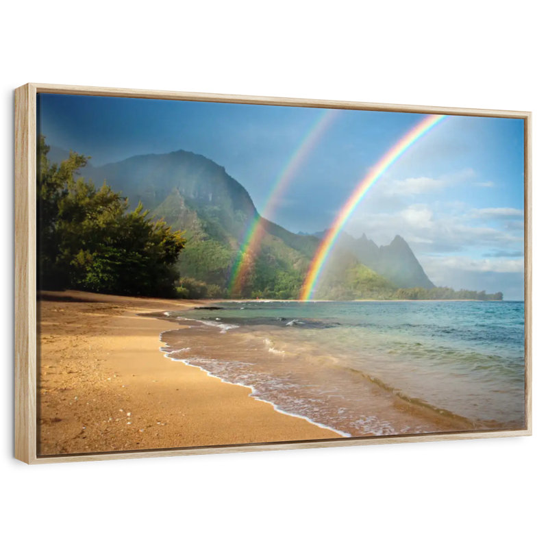 Kauai Double Rainbow, 19" X 13", Floating Frame Natural Wood